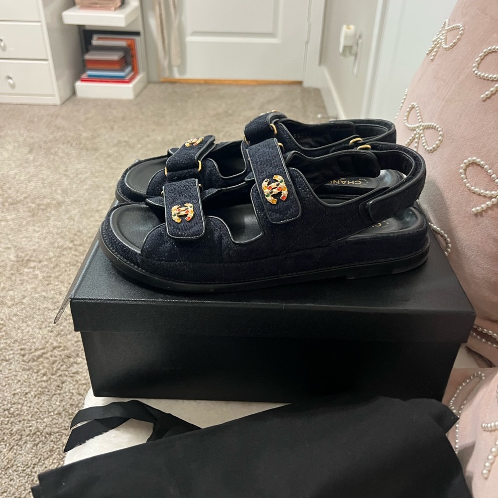Chanel Black Sandals with Gold Accents
